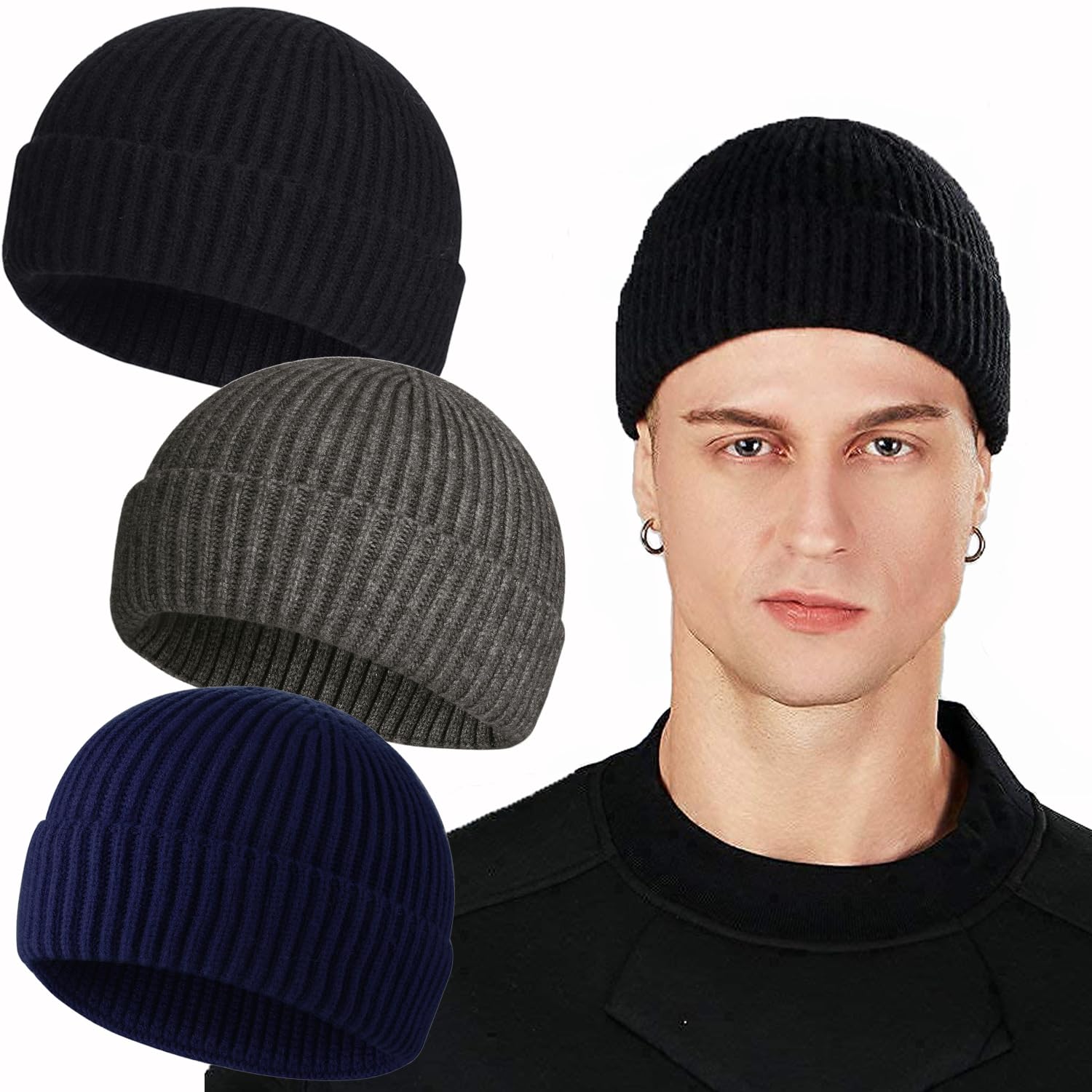 ROYBENS Swag Wool Knit Cuff Short Fisherman Beanie for Men Women, Winter Warm Hats